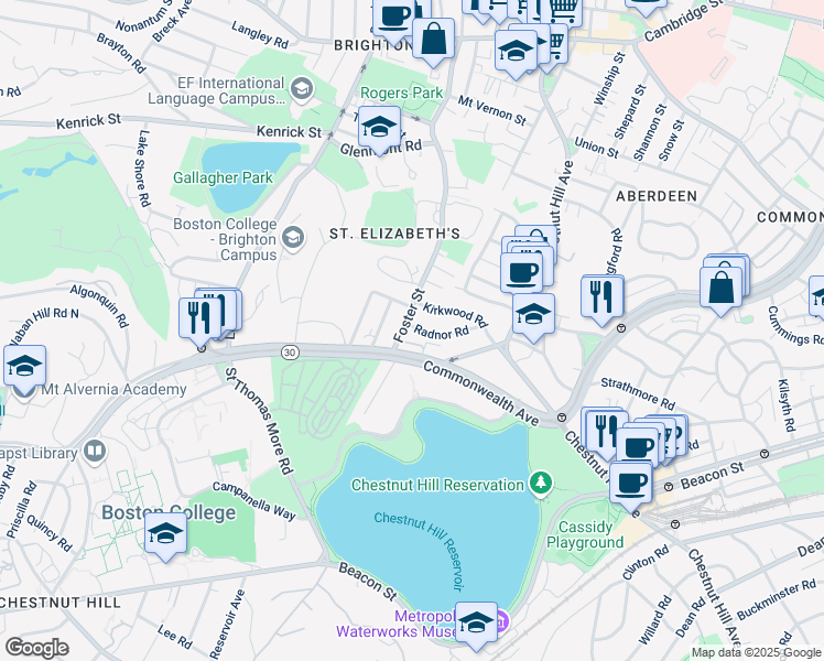 map of restaurants, bars, coffee shops, grocery stores, and more near 15 Radnor Road in Boston