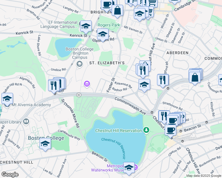 map of restaurants, bars, coffee shops, grocery stores, and more near 15 Radnor Road in Boston