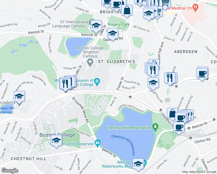 map of restaurants, bars, coffee shops, grocery stores, and more near 5 Greycliff Road in Boston