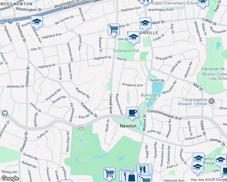map of restaurants, bars, coffee shops, grocery stores, and more near 103 Beaumont Avenue in Newton