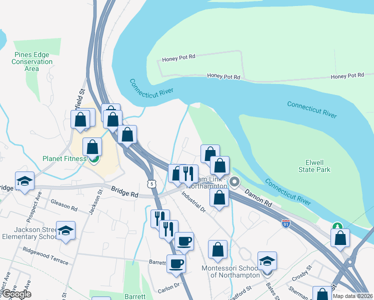 map of restaurants, bars, coffee shops, grocery stores, and more near 80 Damon Road in Northampton