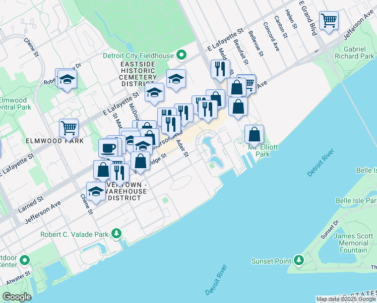 map of restaurants, bars, coffee shops, grocery stores, and more near 3320 Spinnaker Lane in Detroit