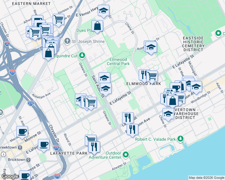 map of restaurants, bars, coffee shops, grocery stores, and more near 1100 Saint Aubin Place in Detroit
