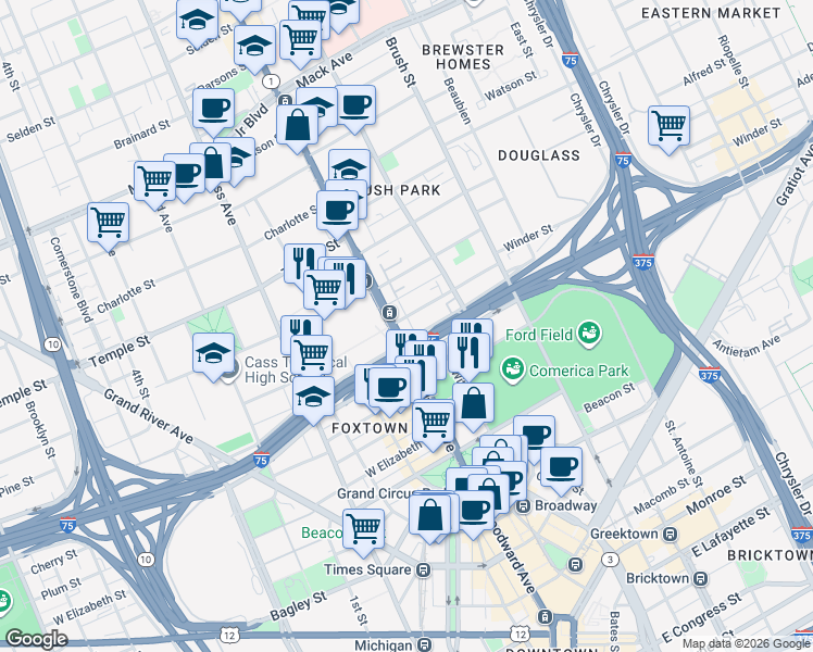 map of restaurants, bars, coffee shops, grocery stores, and more near in Detroit