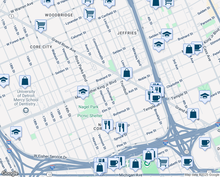 map of restaurants, bars, coffee shops, grocery stores, and more near 3413 Cochrane Street in Detroit