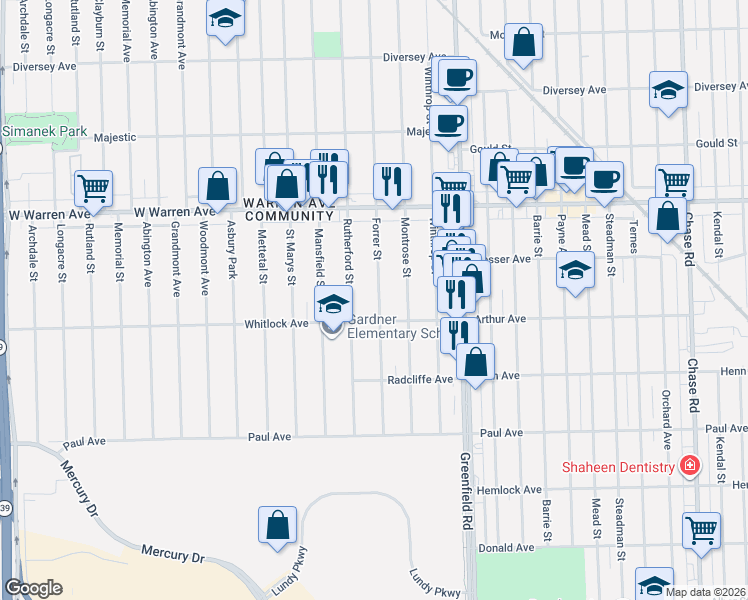 map of restaurants, bars, coffee shops, grocery stores, and more near 6722 Rutherford Street in Detroit