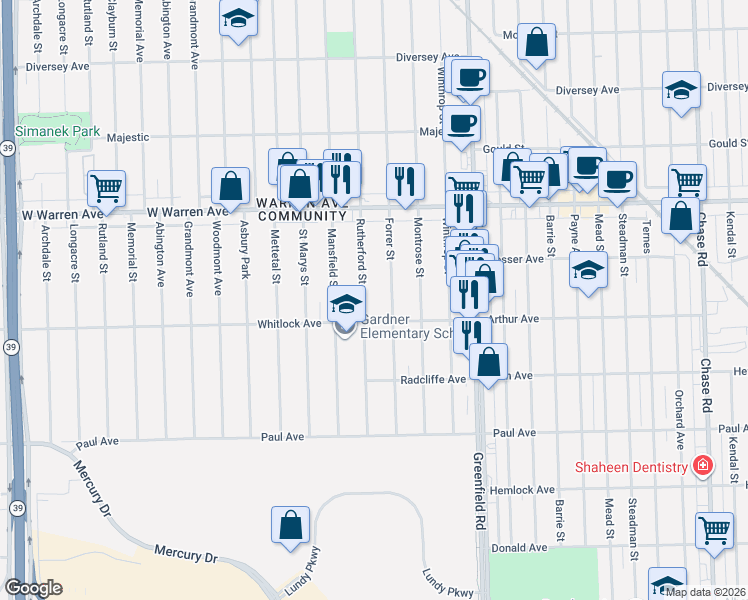 map of restaurants, bars, coffee shops, grocery stores, and more near 6722 Rutherford Street in Detroit