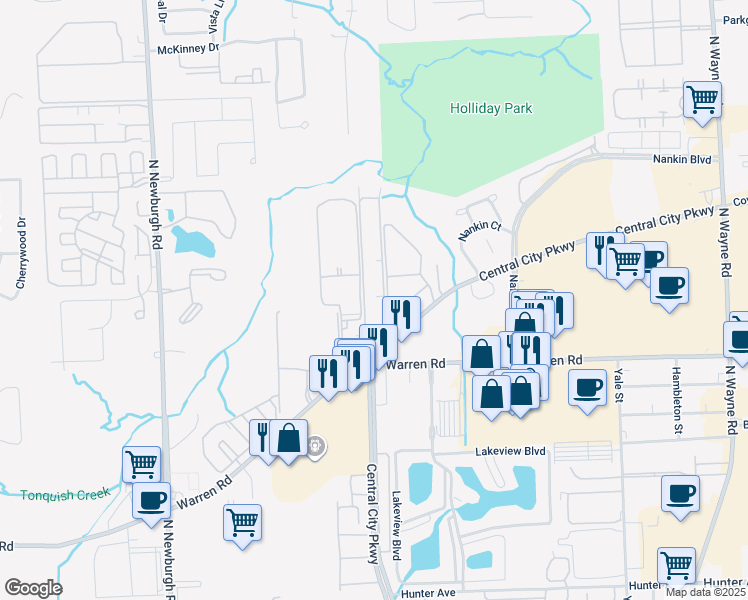 map of restaurants, bars, coffee shops, grocery stores, and more near 7477 Manor Circle in Westland