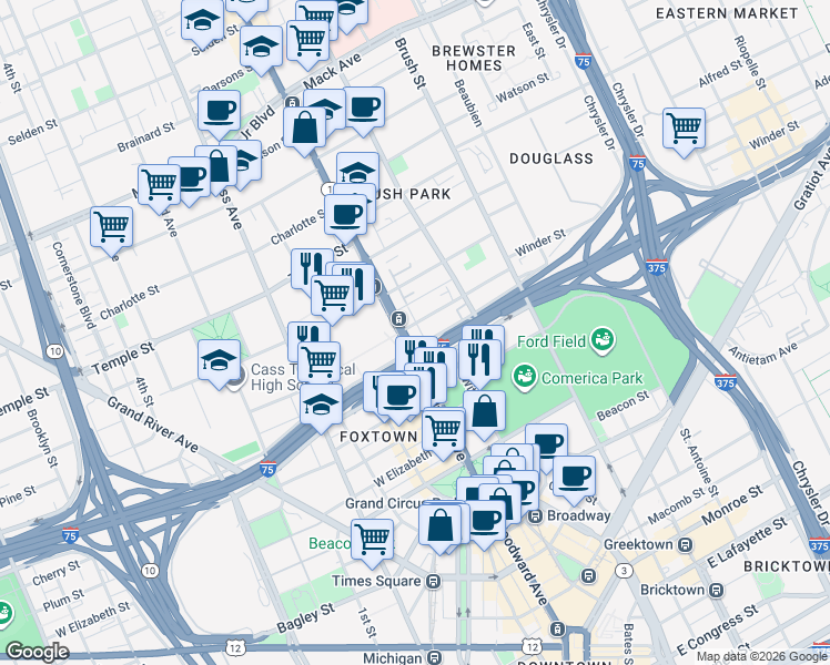 map of restaurants, bars, coffee shops, grocery stores, and more near in Detroit