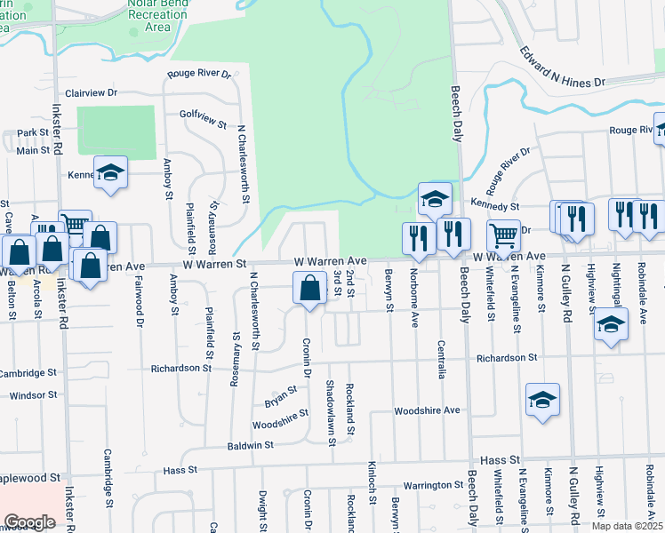 map of restaurants, bars, coffee shops, grocery stores, and more near 76 3rd Street in Dearborn Heights