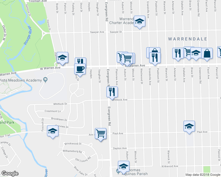map of restaurants, bars, coffee shops, grocery stores, and more near 6782 Evergreen Road in Detroit