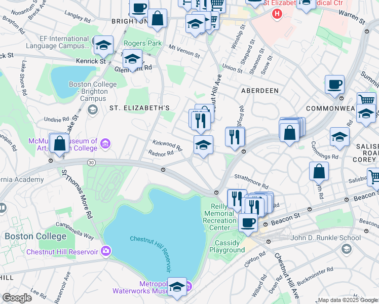 map of restaurants, bars, coffee shops, grocery stores, and more near 209 Chestnut Hill Avenue in Boston