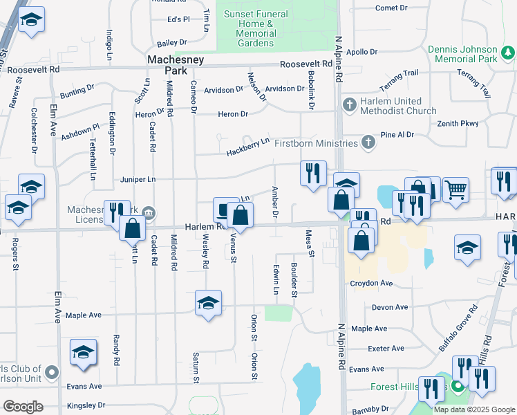 map of restaurants, bars, coffee shops, grocery stores, and more near 1509 Lilac Lane in Machesney Park