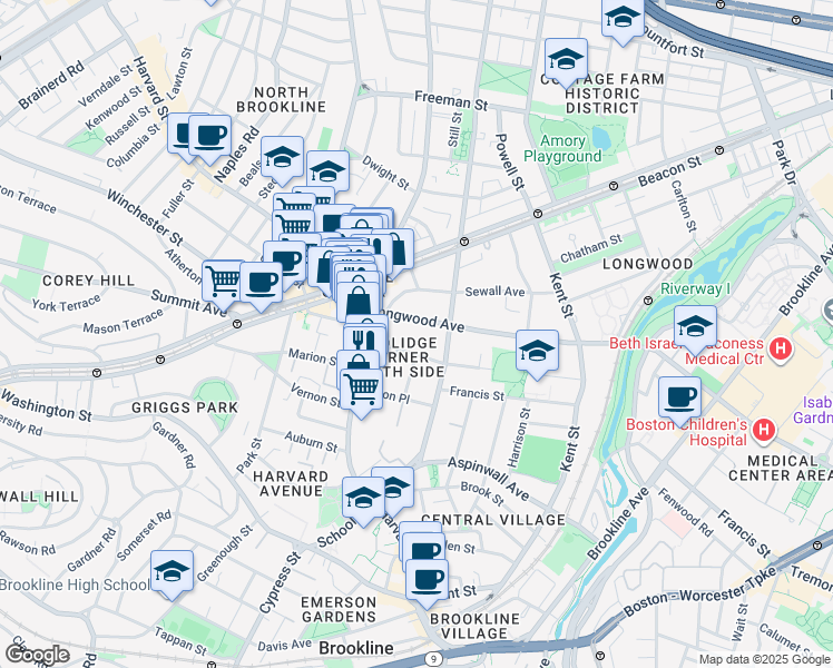 map of restaurants, bars, coffee shops, grocery stores, and more near 20 Stearns Road in Brookline