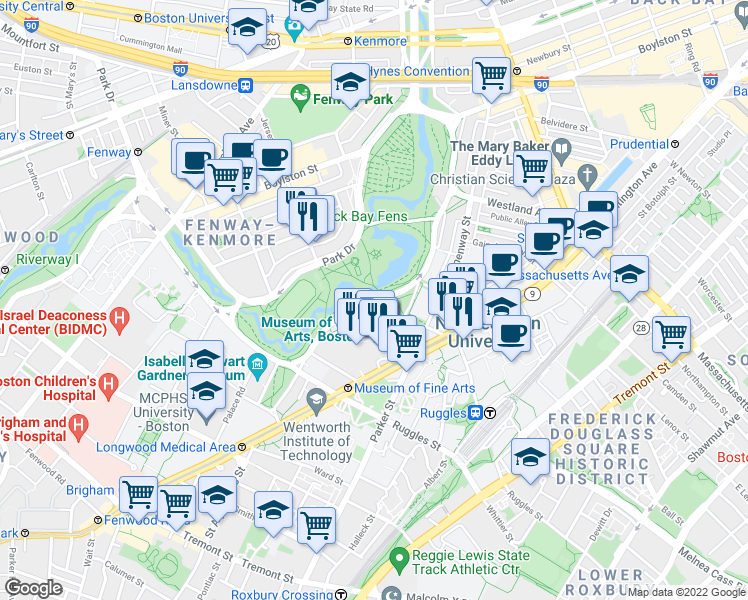 map of restaurants, bars, coffee shops, grocery stores, and more near 150 Fenway in Boston