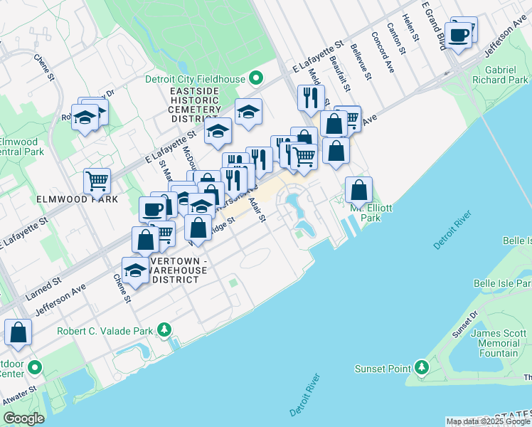 map of restaurants, bars, coffee shops, grocery stores, and more near 3320 Spinnaker Lane in Detroit