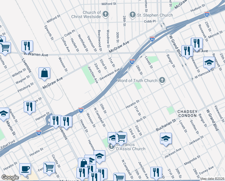 map of restaurants, bars, coffee shops, grocery stores, and more near 5023 32nd Street in Detroit