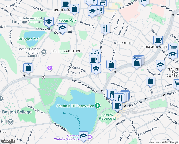 map of restaurants, bars, coffee shops, grocery stores, and more near 217 Chestnut Hill Avenue in Boston