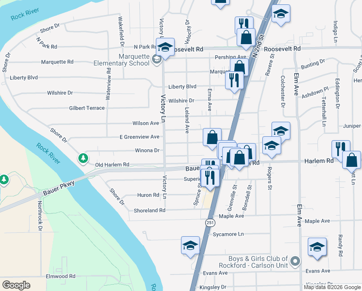 map of restaurants, bars, coffee shops, grocery stores, and more near 339 East Greenview Avenue in Machesney Park