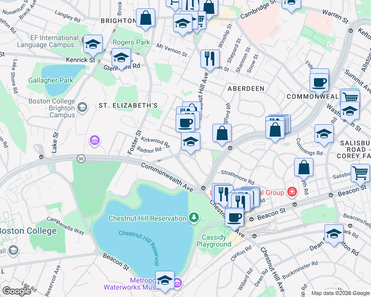 map of restaurants, bars, coffee shops, grocery stores, and more near 186 Chestnut Hill Avenue in Boston