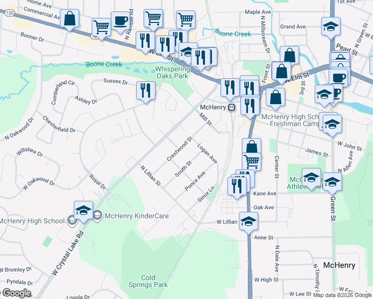 map of restaurants, bars, coffee shops, grocery stores, and more near 4212 South Street in McHenry