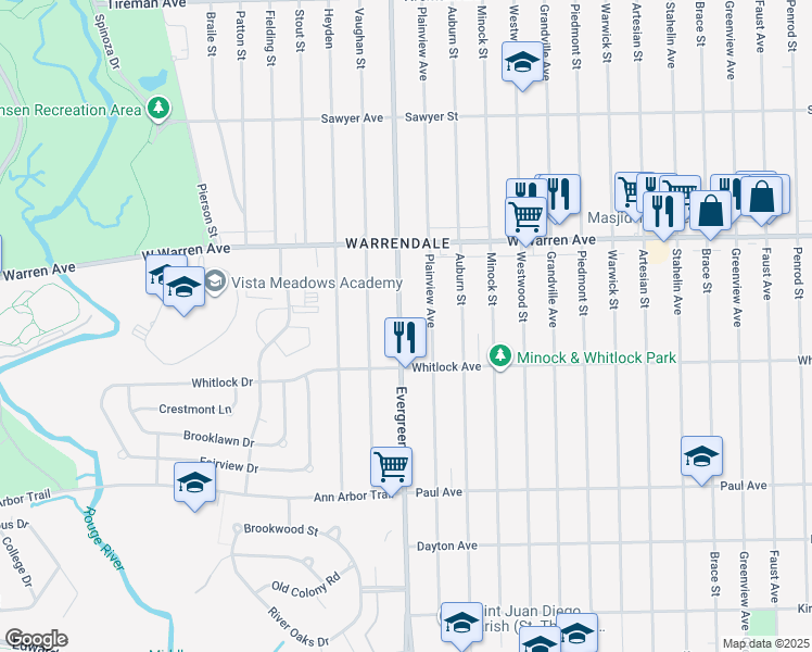 map of restaurants, bars, coffee shops, grocery stores, and more near 6782 Evergreen Road in Detroit
