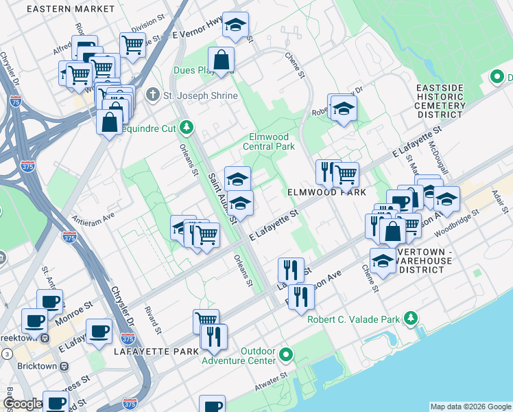 map of restaurants, bars, coffee shops, grocery stores, and more near 1100 Saint Aubin Place in Detroit