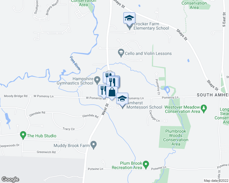map of restaurants, bars, coffee shops, grocery stores, and more near 460 West Street in Amherst