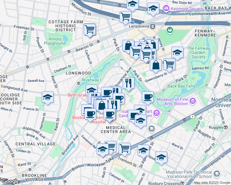 map of restaurants, bars, coffee shops, grocery stores, and more near 306 Brookline Avenue in Boston
