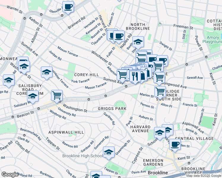 map of restaurants, bars, coffee shops, grocery stores, and more near 1476 Beacon Street in Brookline