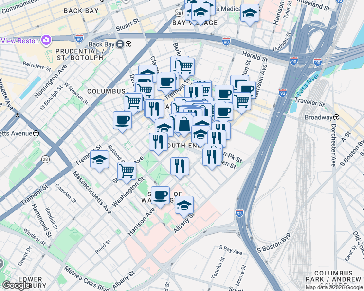 map of restaurants, bars, coffee shops, grocery stores, and more near in Boston