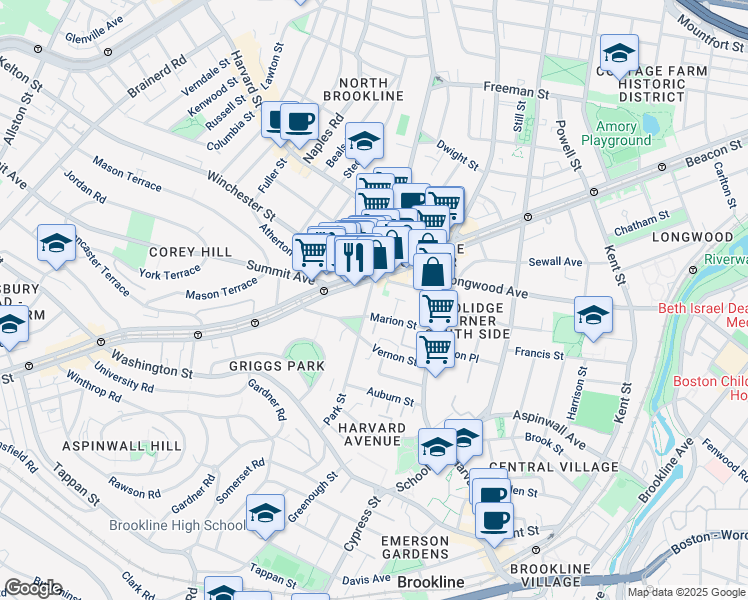 map of restaurants, bars, coffee shops, grocery stores, and more near in Brookline