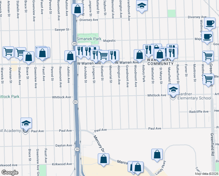 map of restaurants, bars, coffee shops, grocery stores, and more near 6761 Memorial Avenue in Detroit