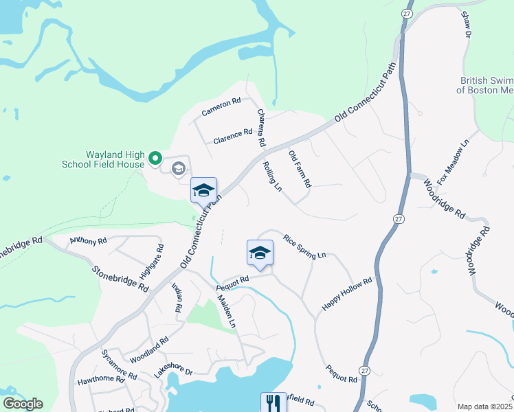 map of restaurants, bars, coffee shops, grocery stores, and more near 5 Nolan Farm Road in Wayland