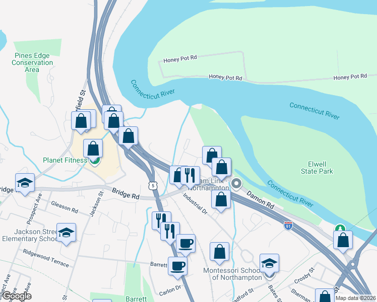 map of restaurants, bars, coffee shops, grocery stores, and more near 80 Damon Road in Northampton