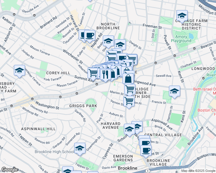 map of restaurants, bars, coffee shops, grocery stores, and more near in Brookline
