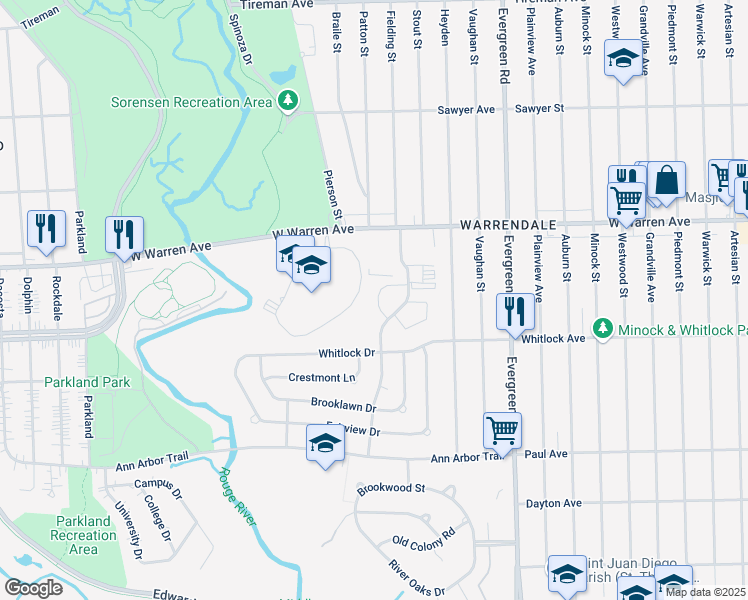 map of restaurants, bars, coffee shops, grocery stores, and more near 6813 Country Lane in Dearborn Heights