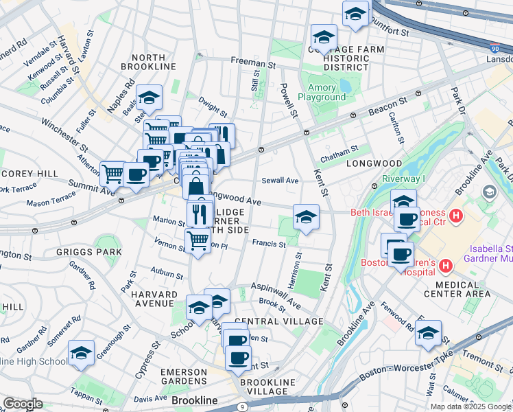 map of restaurants, bars, coffee shops, grocery stores, and more near 118 Saint Paul Street in Brookline