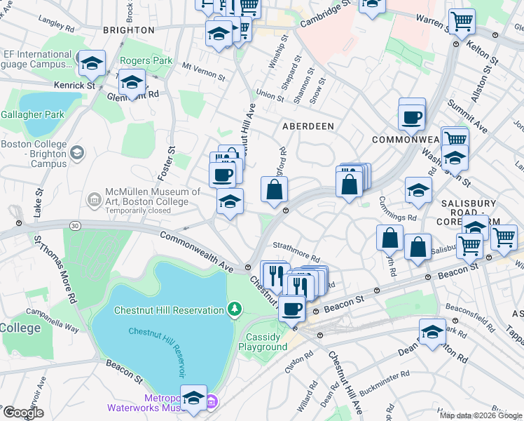 map of restaurants, bars, coffee shops, grocery stores, and more near 32 Sidlaw Road in Boston