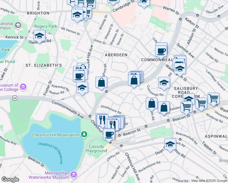 map of restaurants, bars, coffee shops, grocery stores, and more near 1758 Commonwealth Avenue in Boston
