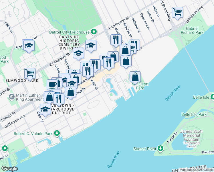 map of restaurants, bars, coffee shops, grocery stores, and more near 120 Main Sail Court in Detroit
