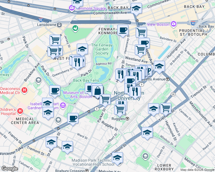 map of restaurants, bars, coffee shops, grocery stores, and more near 360 Huntington Avenue in Boston