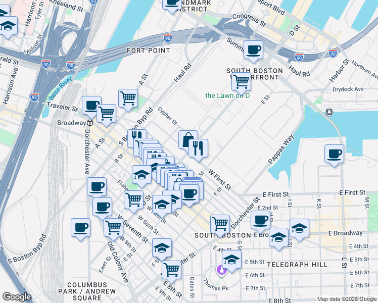 map of restaurants, bars, coffee shops, grocery stores, and more near in Boston