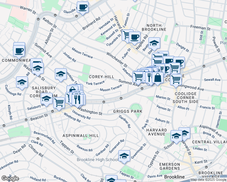map of restaurants, bars, coffee shops, grocery stores, and more near 1514 Beacon Street in Brookline