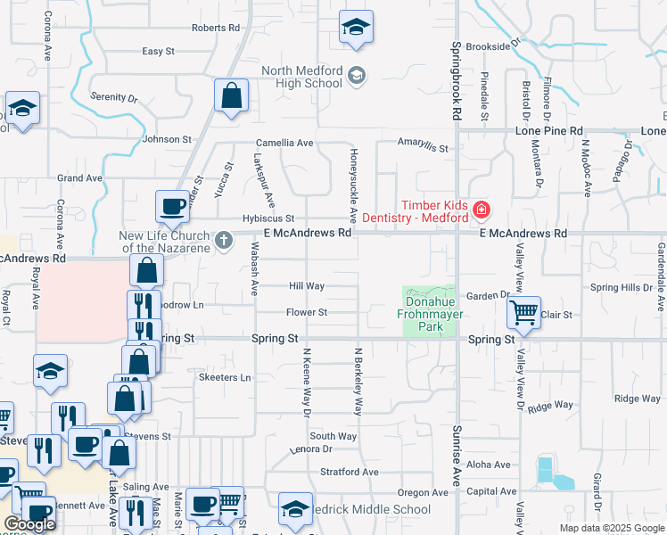 map of restaurants, bars, coffee shops, grocery stores, and more near 2264 College Way in Medford