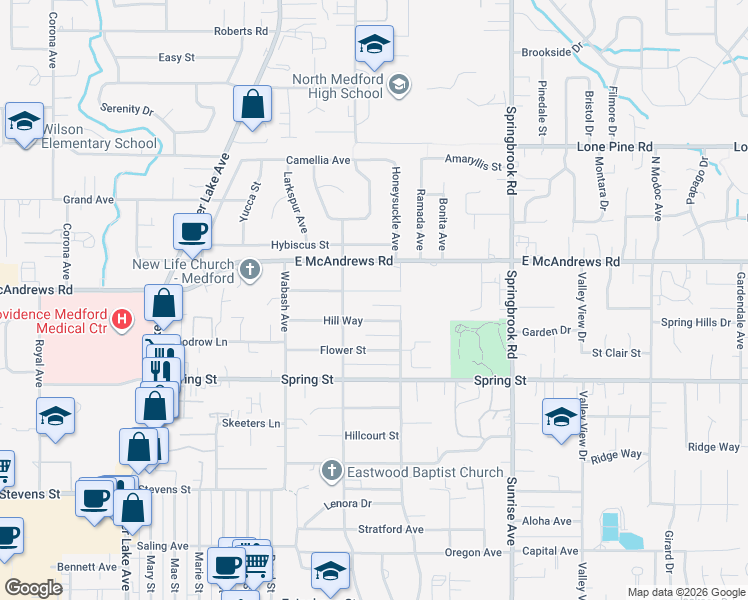 map of restaurants, bars, coffee shops, grocery stores, and more near 2245 Hill Way in Medford