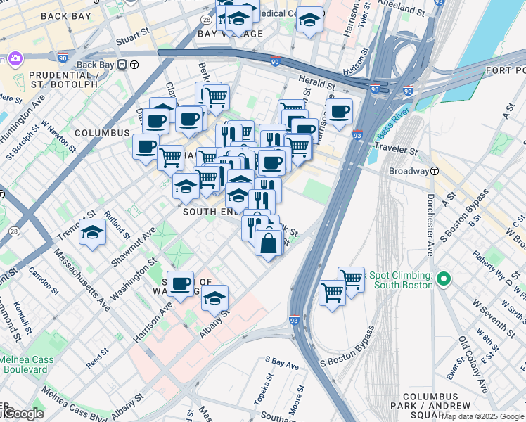 map of restaurants, bars, coffee shops, grocery stores, and more near 560 Harrison Avenue in Boston