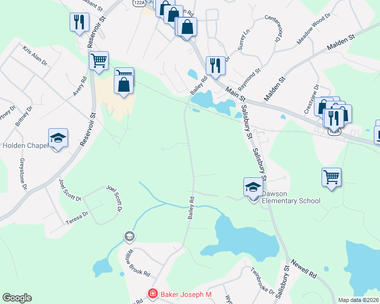 map of restaurants, bars, coffee shops, grocery stores, and more near 135 Bailey Road in Holden