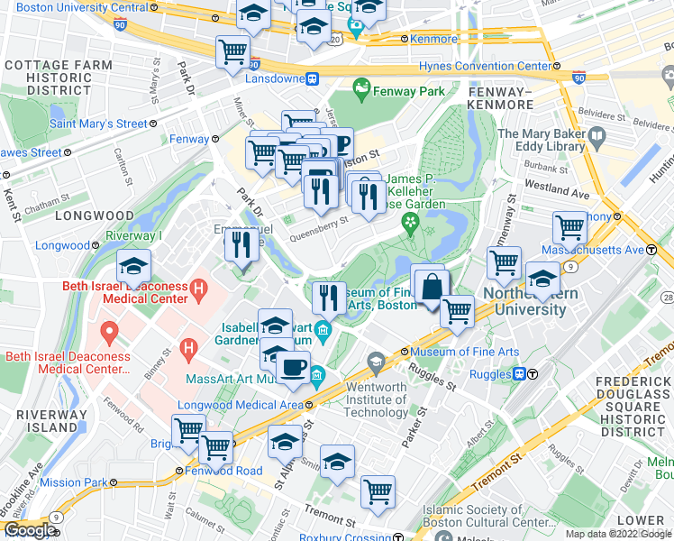 map of restaurants, bars, coffee shops, grocery stores, and more near Park Dr & Kilmarnock St in Boston