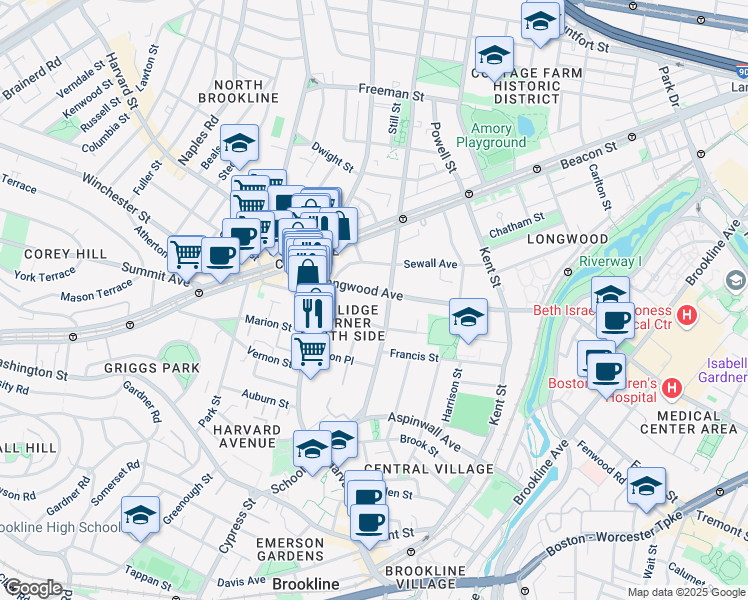 map of restaurants, bars, coffee shops, grocery stores, and more near 118 Saint Paul Street in Brookline